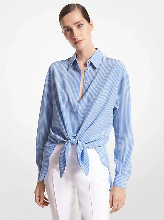 Striped Organic Silk Crepe De Chine Tie-Front Shirt