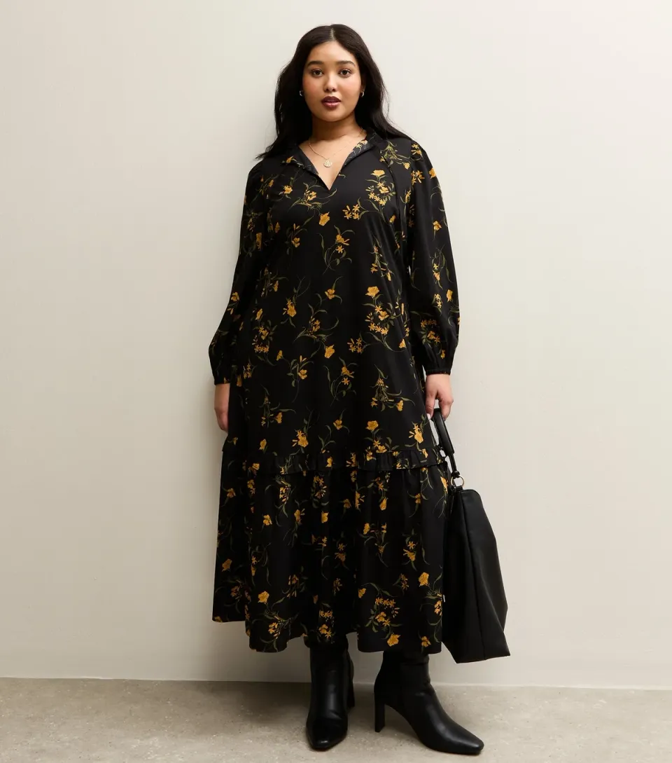 Women's Plus Size Black Botanical Crepe Smock Midi Dress Curves