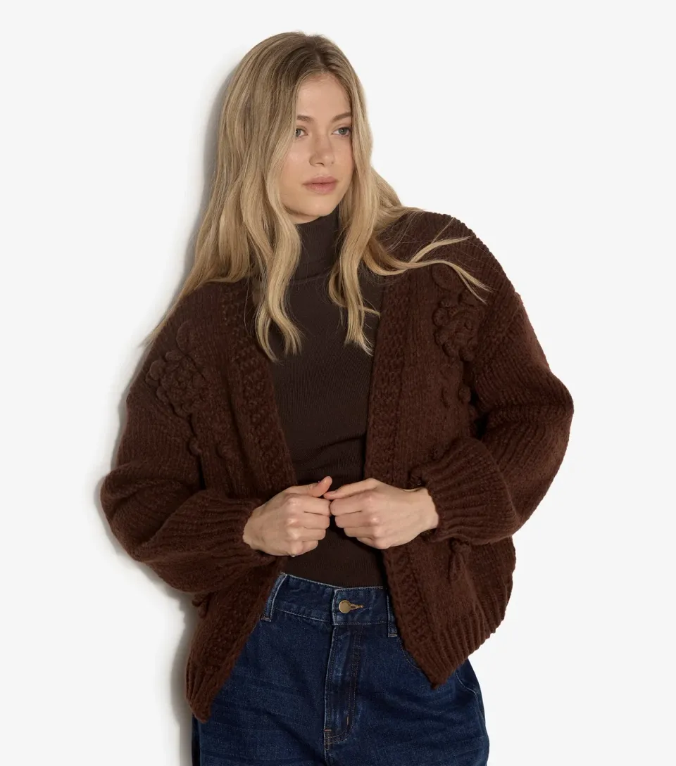 Women's Dark Brown Floral Open Cardigan