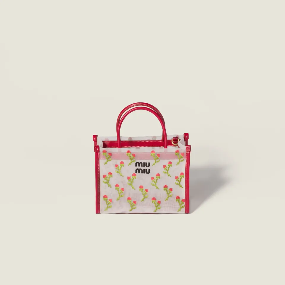 Embroidered mesh top-handle bag