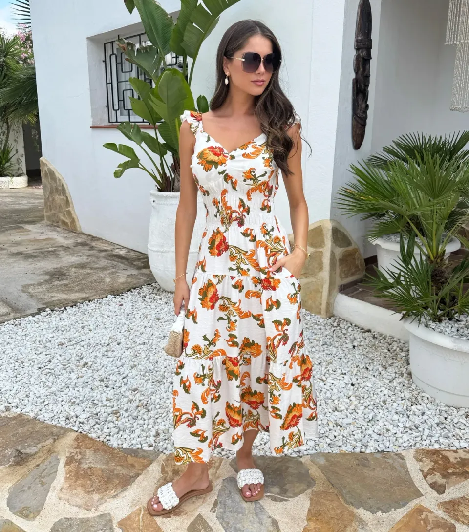 Women's White Floral Ruffle Strap Tiered Midi Dress