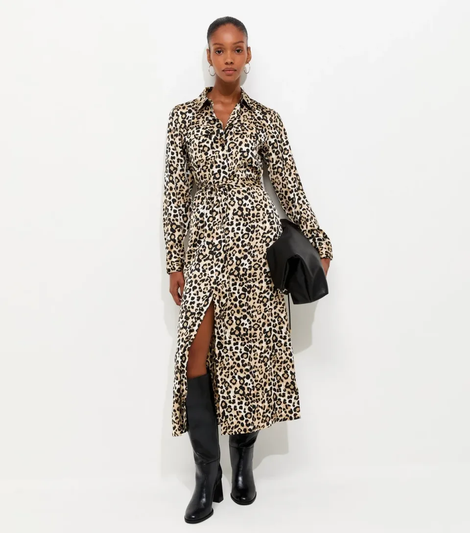 Women's Brown Leopard Print Satin Midi Shirt Dress
