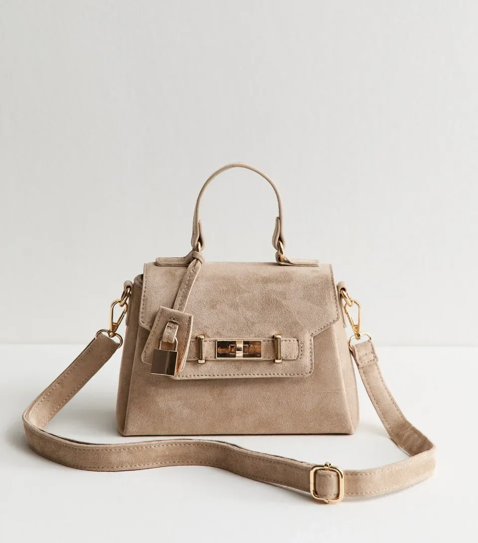 Mink Faux Suede Mini Turn Lock Crossbody Bag