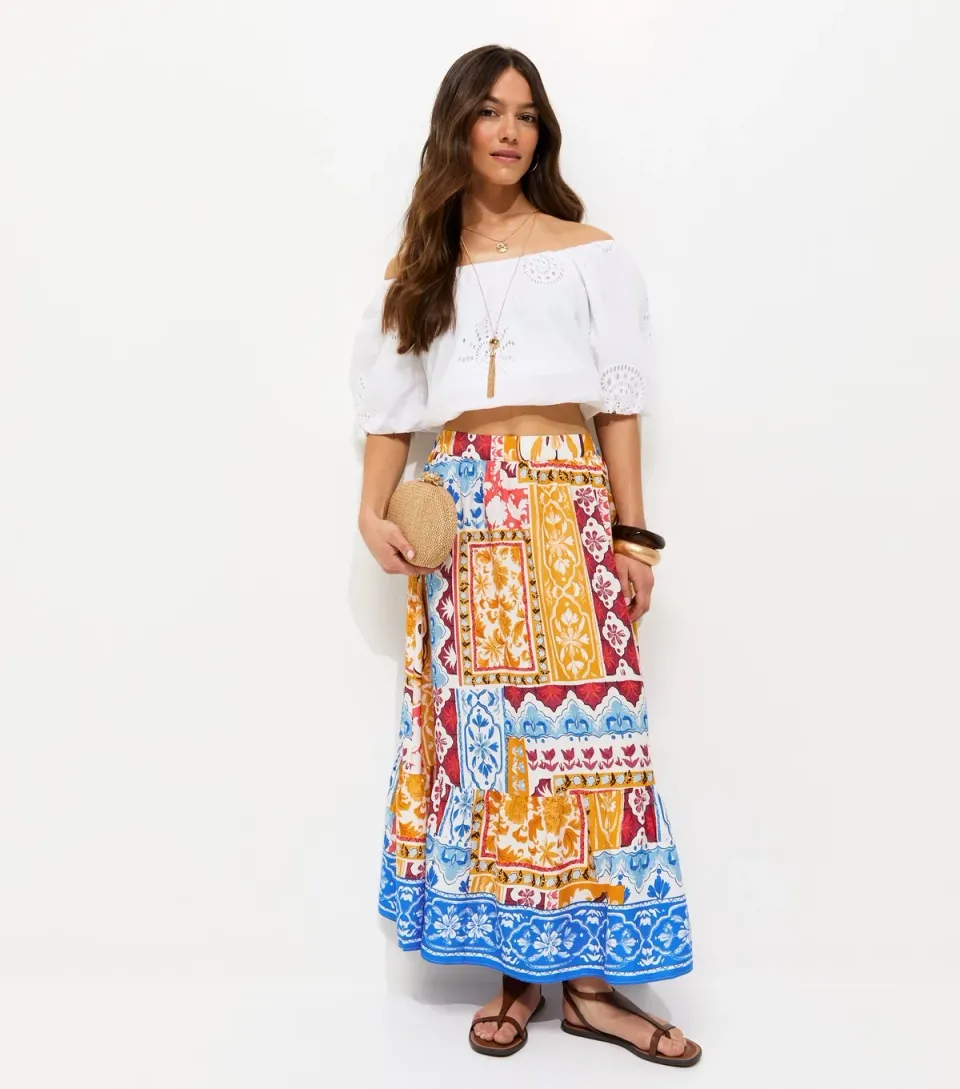 Women's Petite Yellow Patchwork Print Tiered Midi Skirt