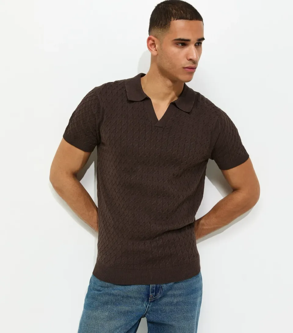 Men's Brown Regular Cable Knit Short Sleeve Top