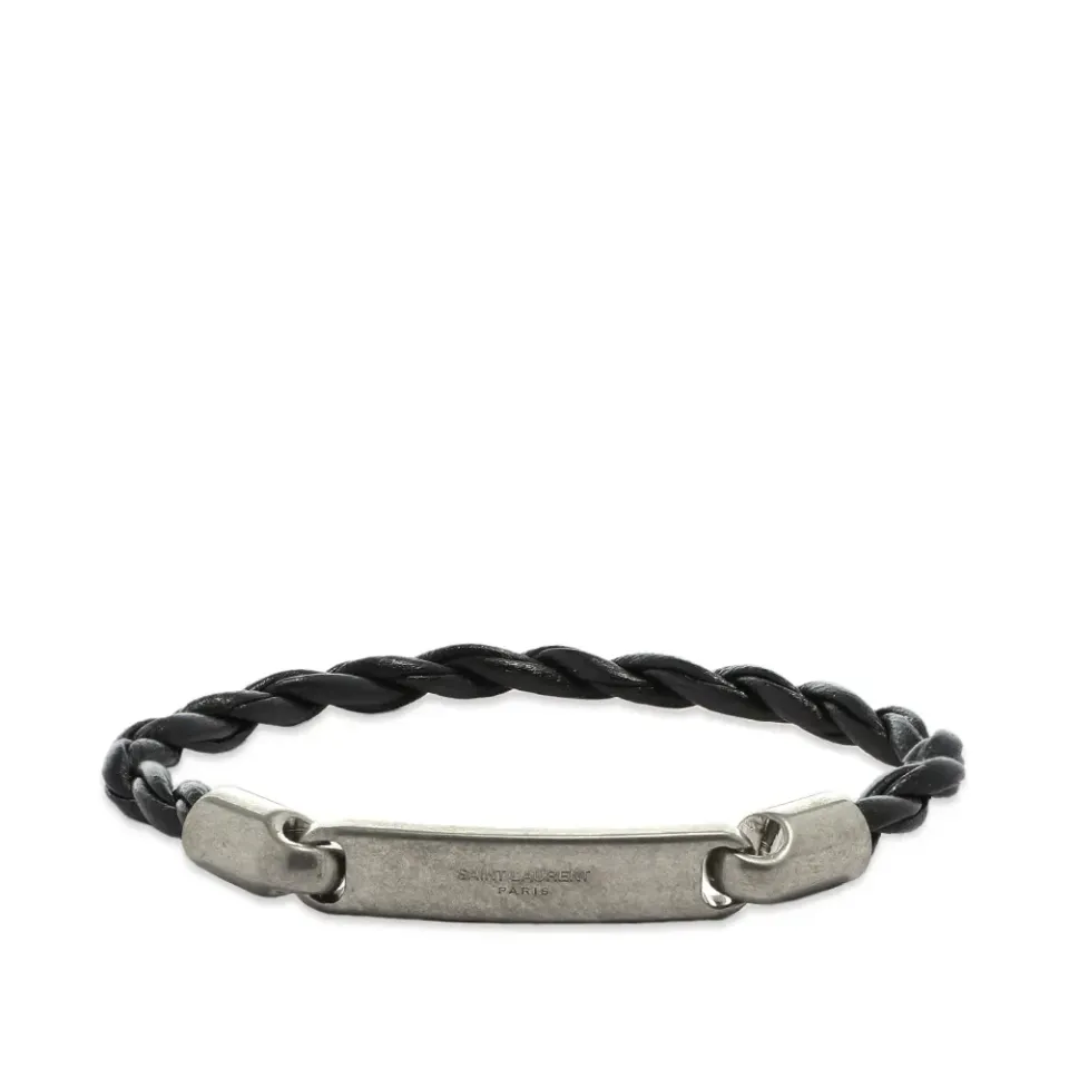 Metal Logo Plaque Leather Bracelet