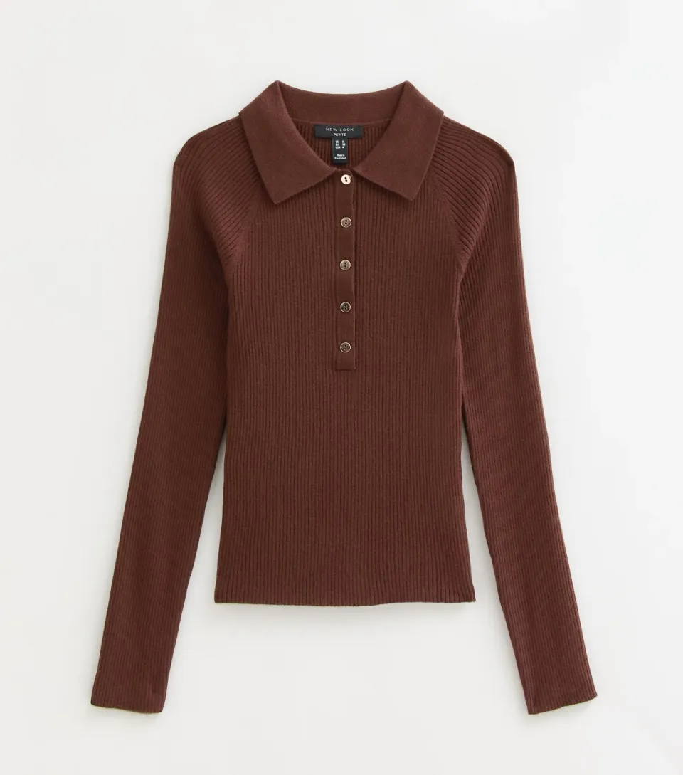 Women's Petite Dark Brown Lightweight Rib Polo Shirt
