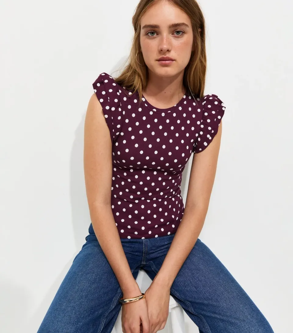 Women's Burgundy Cotton Rich Ribbed Frill Sleeve Vest