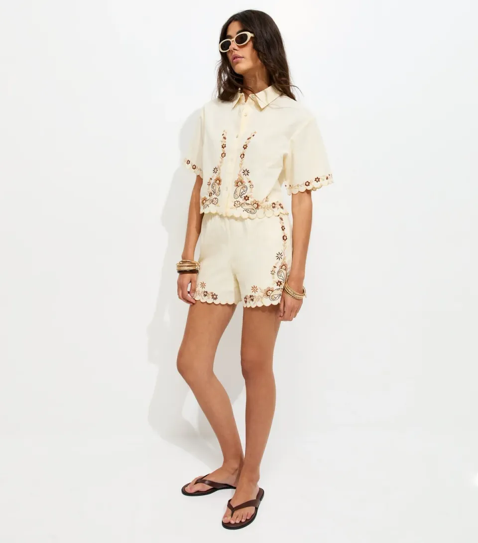 Women's Cream Cotton Floral Embroidered Woven Shorts
