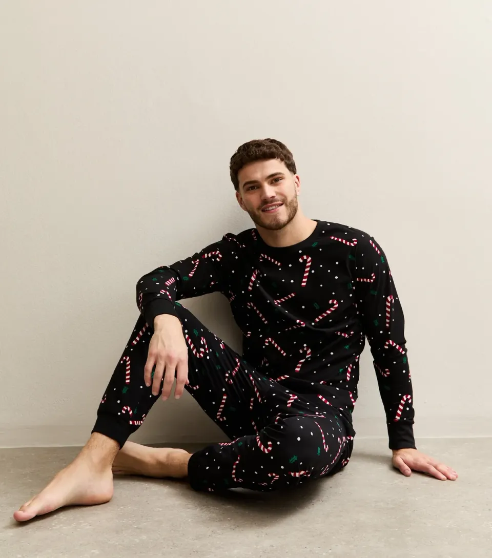 Men's Black Candy Cane Printed Lounge Set
