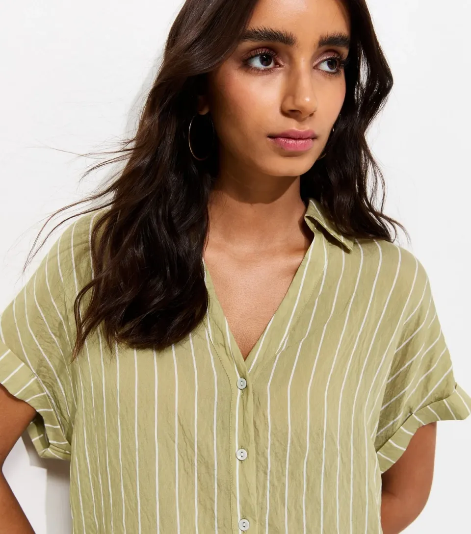 Women's Green Striped Short Sleeve Shirt