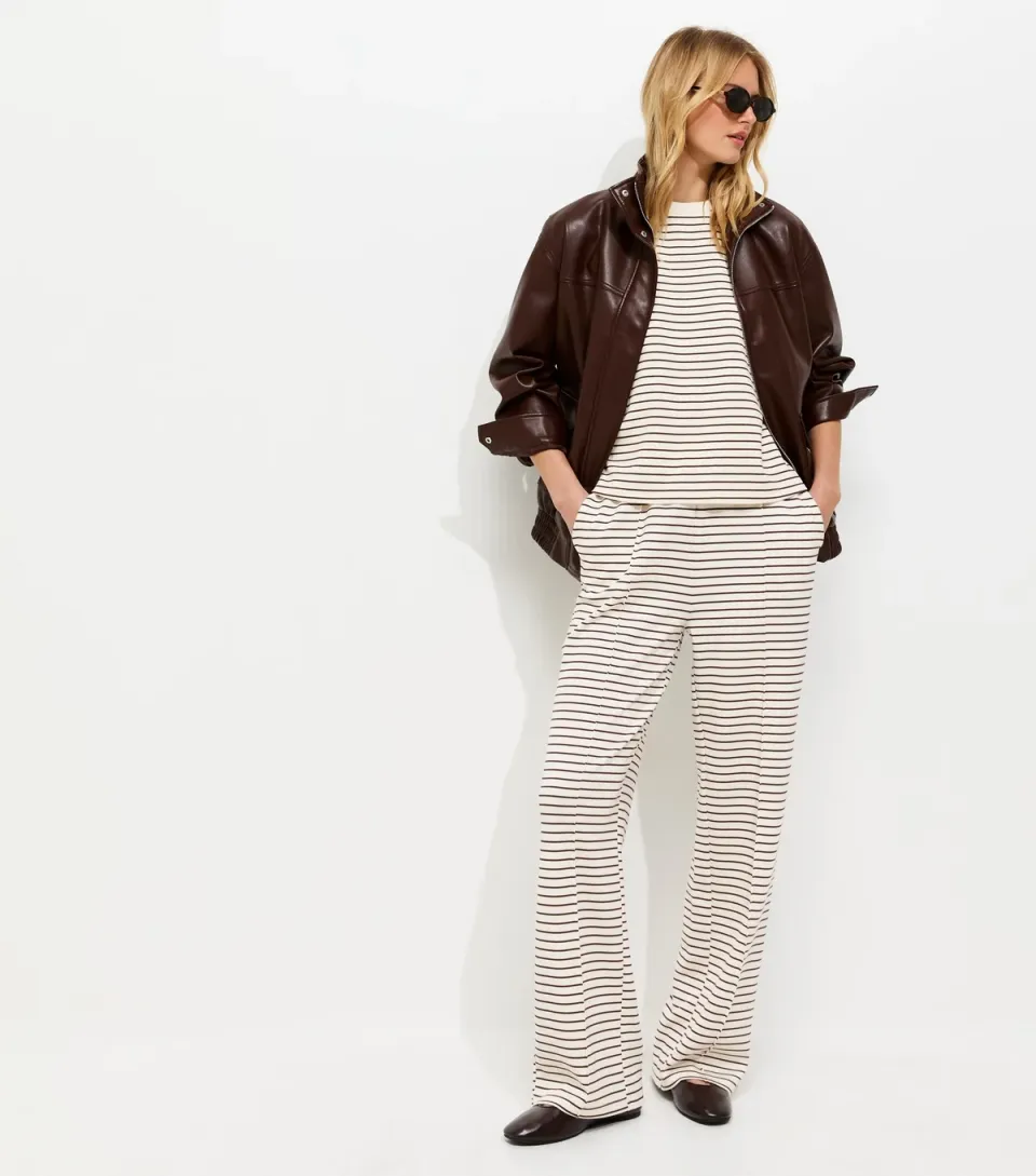 Women's Tall Premium Brown Heavyweight Cotton Striped Wide Leg Trousers