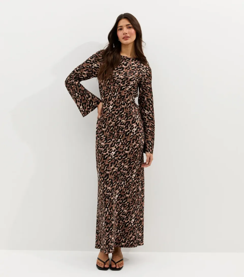 Women's Brown Animal Print Satin Cowl Back Maxi Dress