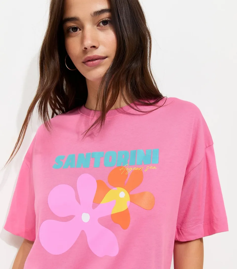 Women's Pink Cotton Santorini Print Oversized T-Shirt