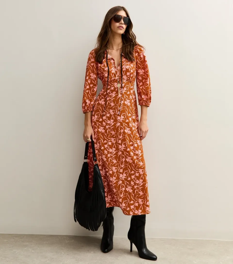 Women's Orange Floral Print Tie Neck MIdi Dress