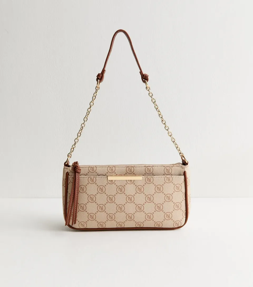 Brown Faux Leather Monogram Shoulder Bag Vegan