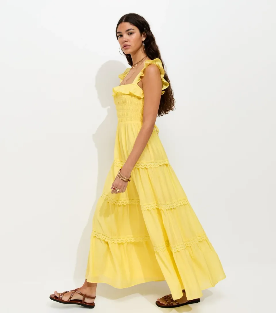 Women's Bright Yellow Frilly Trimmed Shirred tiered Maxi Dress