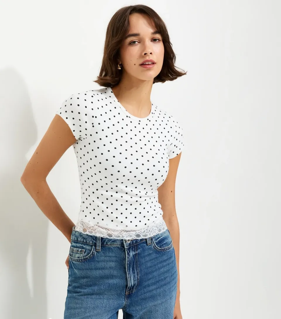Women's White Cotton Rich Polka Dot Lace Hem Baby Tee T-Shirt