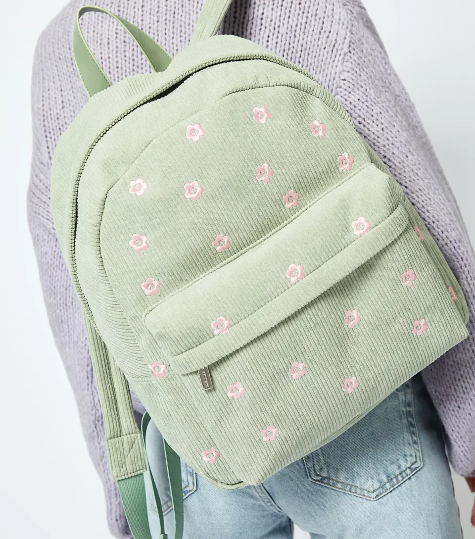 Light Green Daisy Embroidered Corduroy Backpack