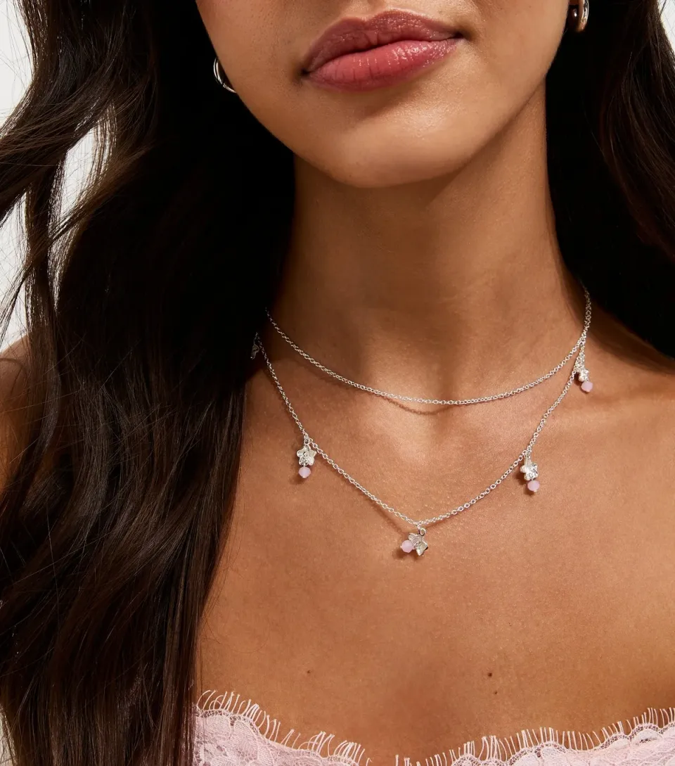 Silver Tone 2 Layer Flower Charm Necklace