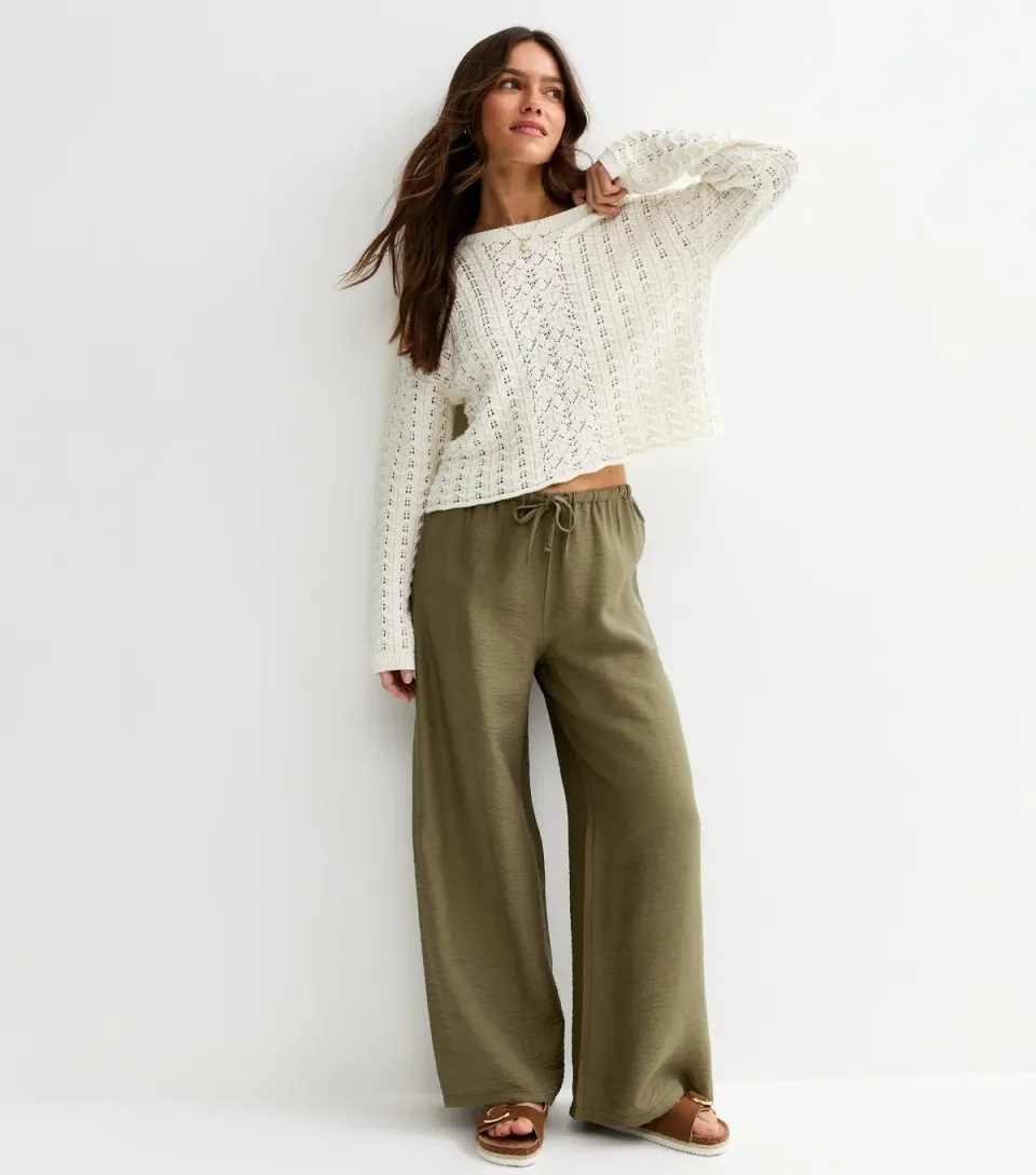 Women's Petite Khaki Drawstring Waist Wide Leg Trousers