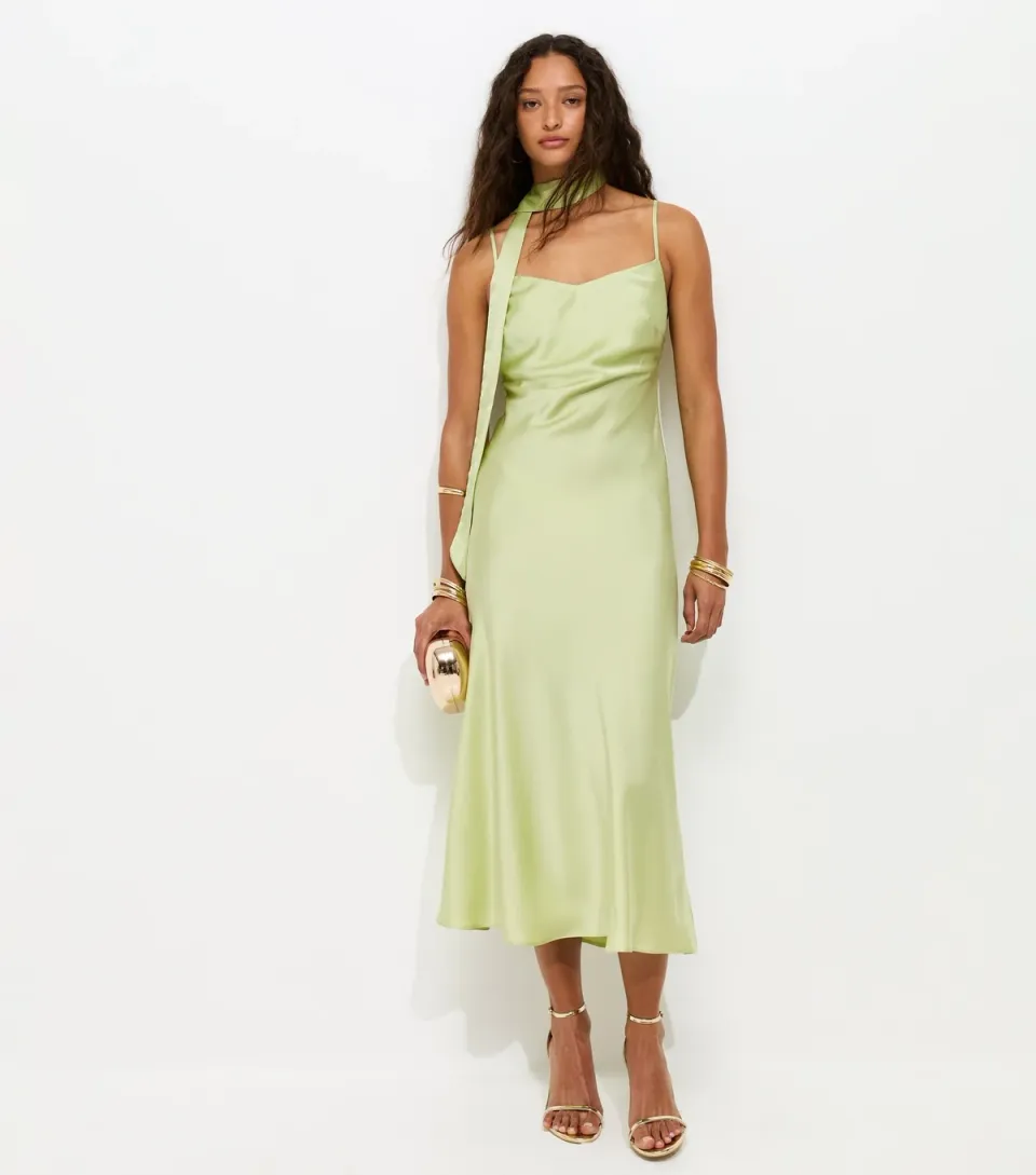 Women's Light Green Satin Slip Midi Dress with Scarf