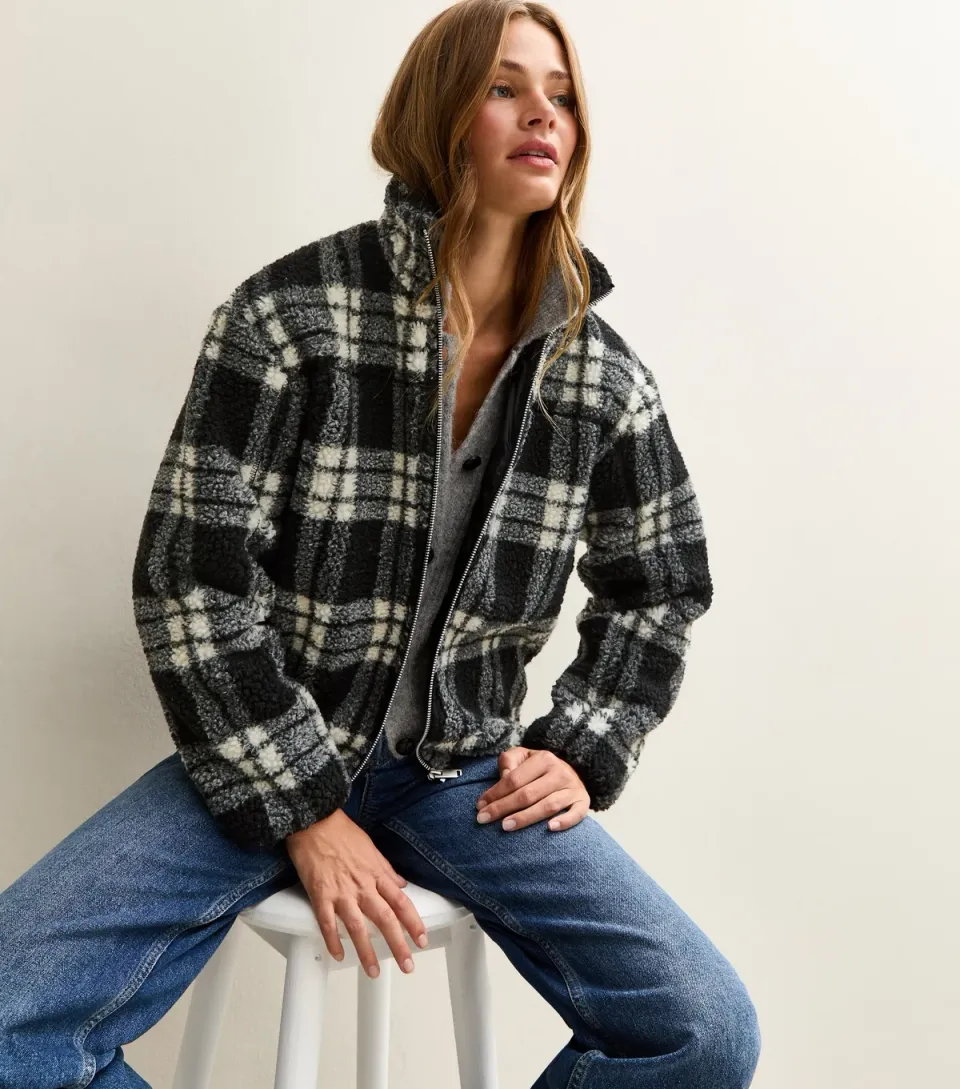 Women's Black Checked Borg Jacket