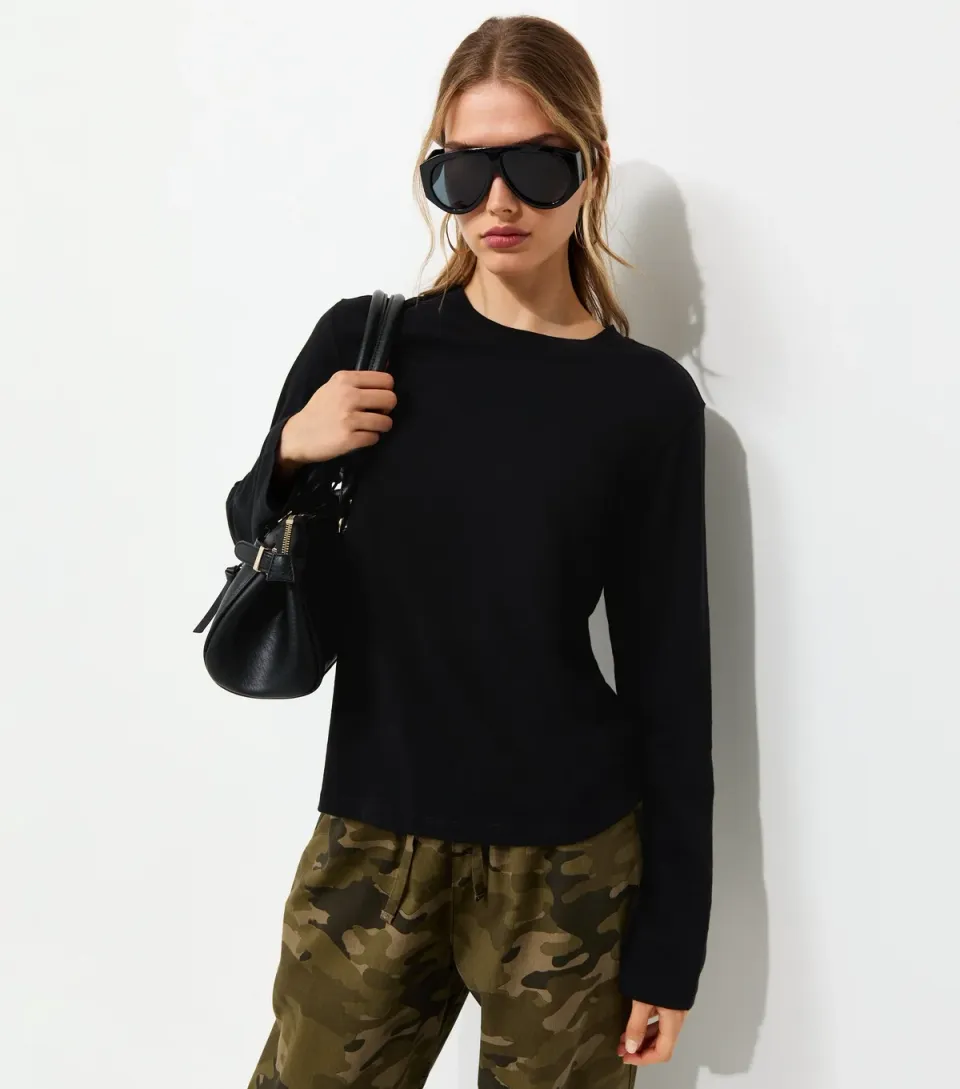 Women's Black Cotton Relaxed Crew Neck Long Sleeve Top