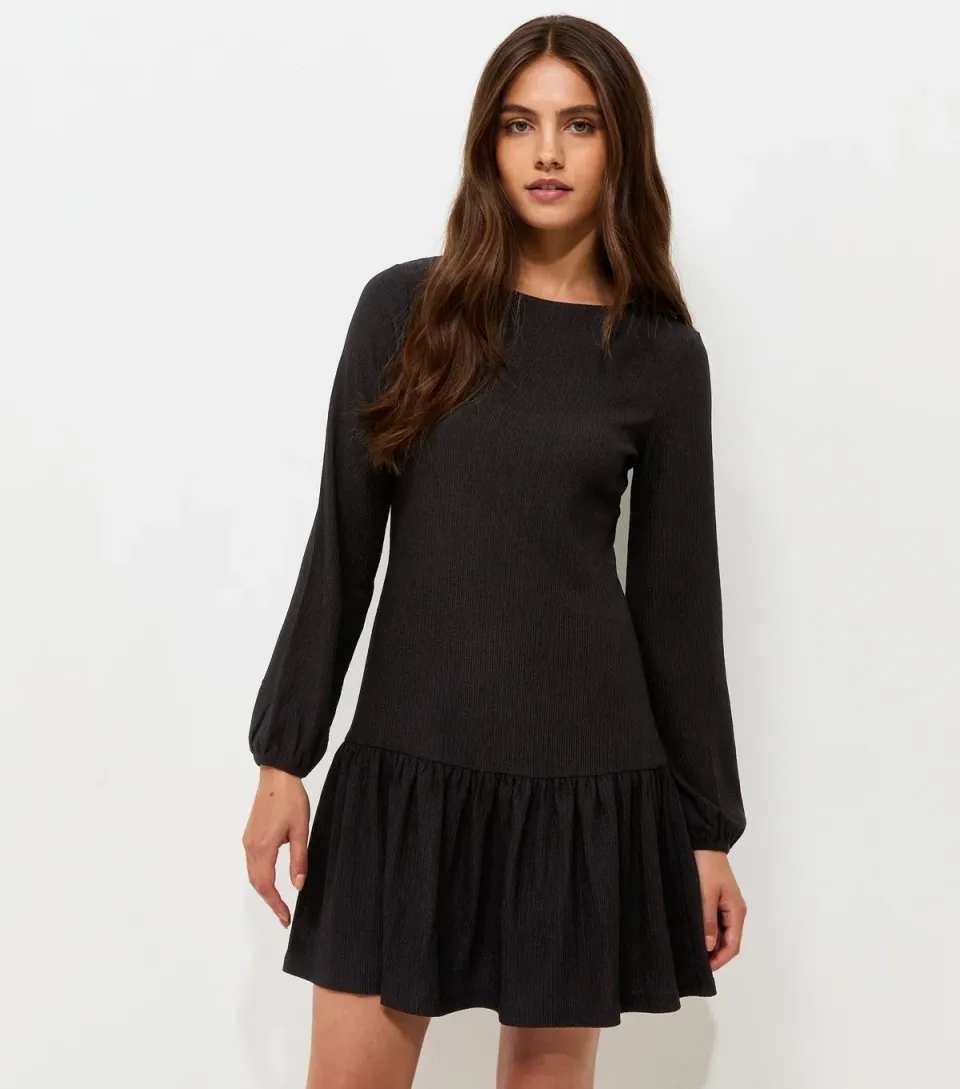 Women's Black Crinkle Texture Crew Neck Frill Mini Dress