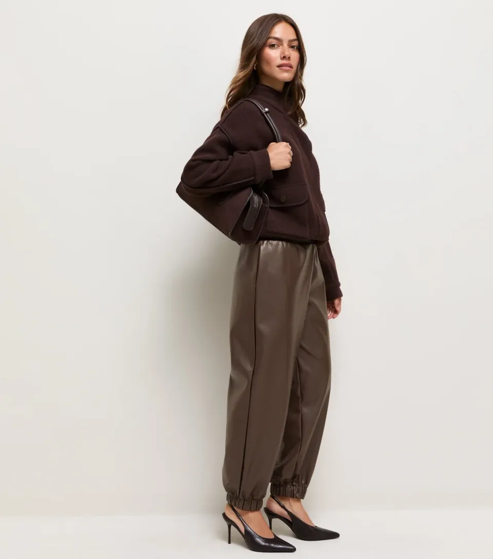 Women's Petite Dark Brown Faux Leather Cuffed Trousers