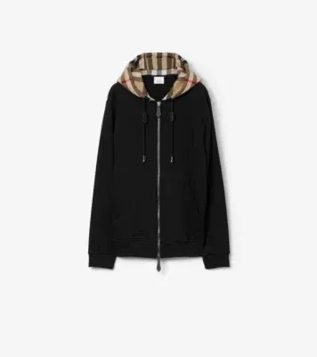 Check Hood Cotton Zip Hoodie in Black/archive beige