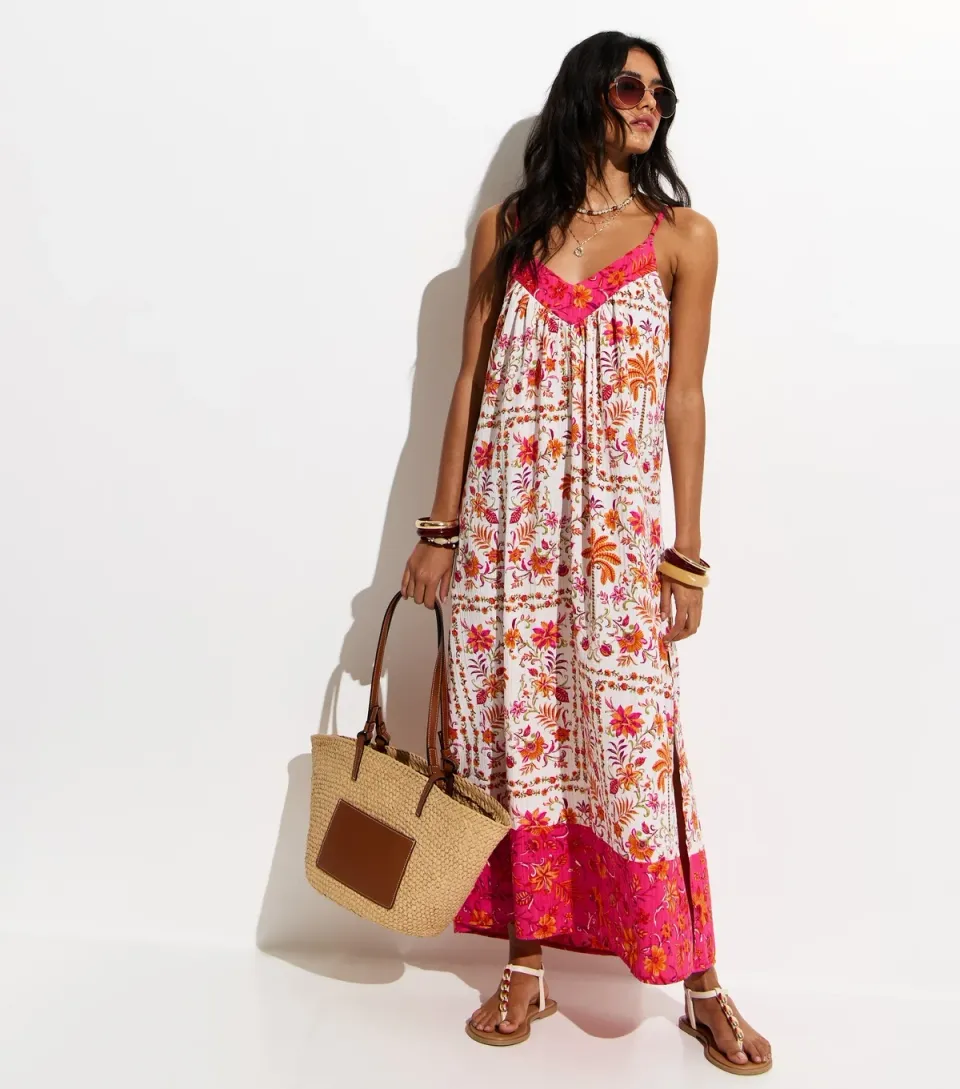 Women's White Floral Print Maxi Beach Dress
