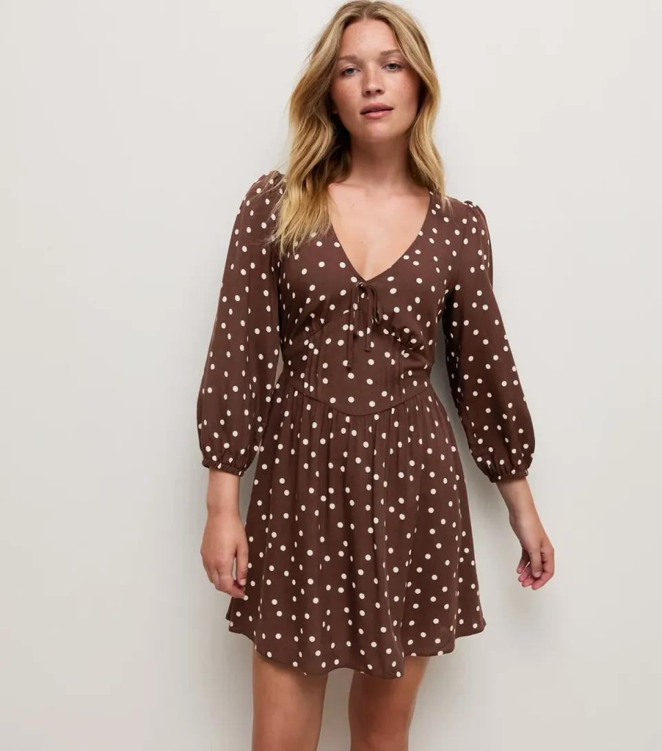 Women's Brown Spot Print Long Sleeve Empire Line Mini Dress