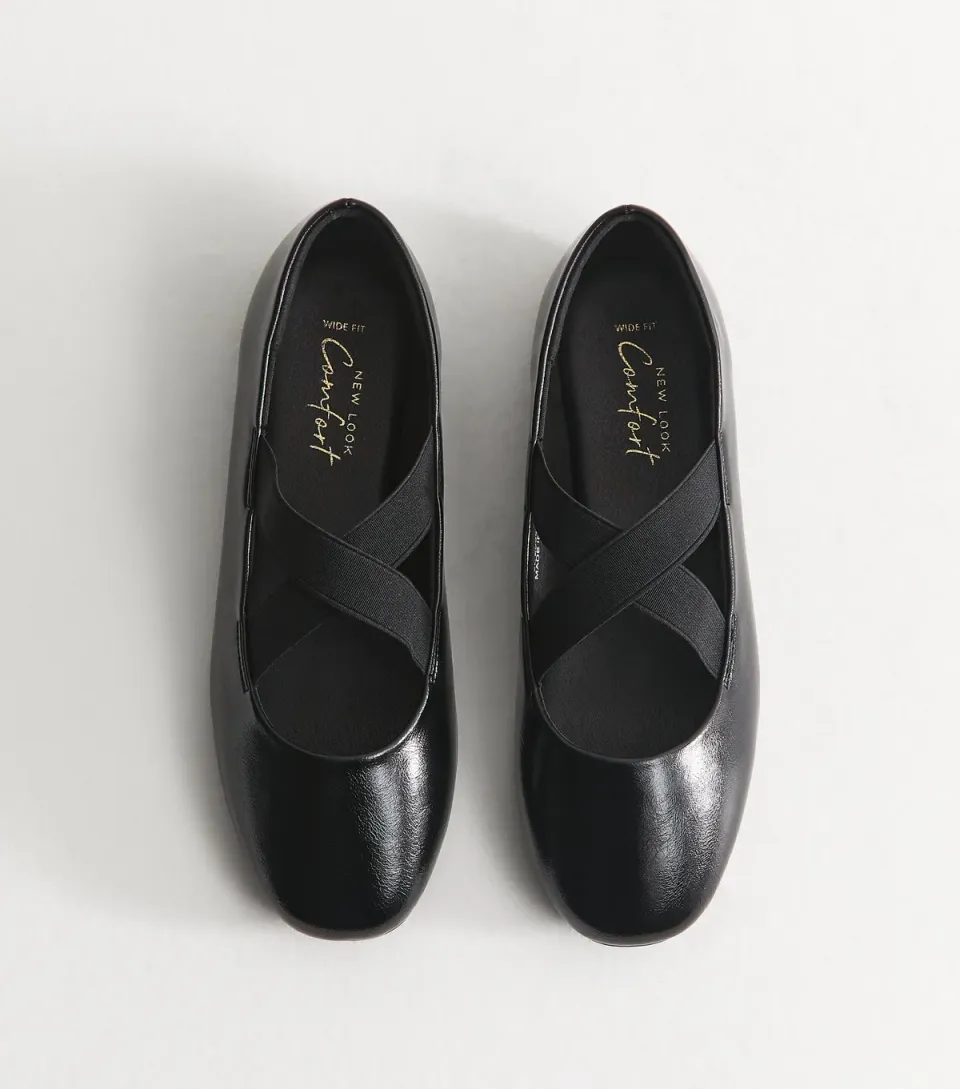 Women's Wide Fit Black Faux Leather Crossover Strap Mary Jane Flats Vegan