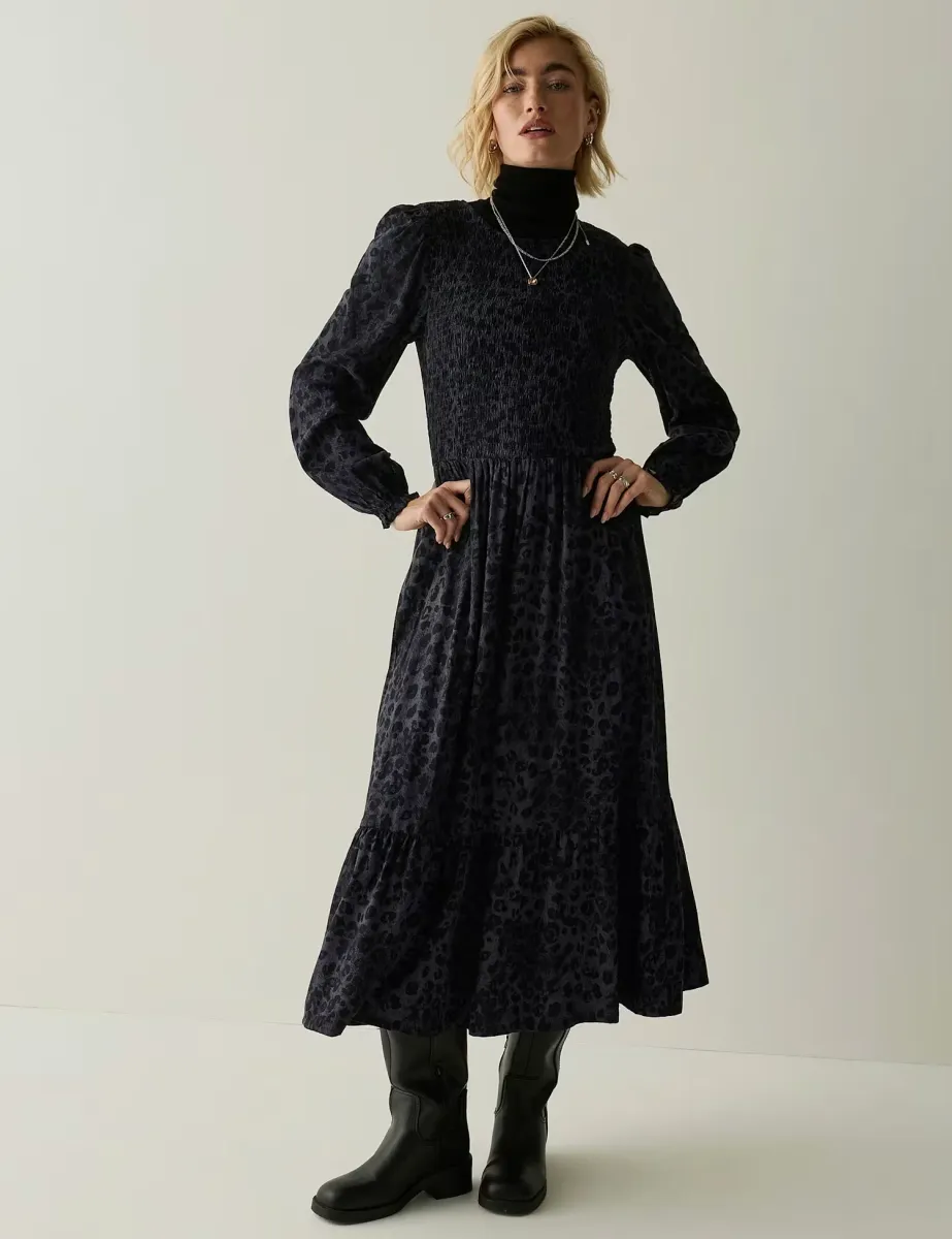Textured Shirred Maxi Tiered Dress Grey Mix