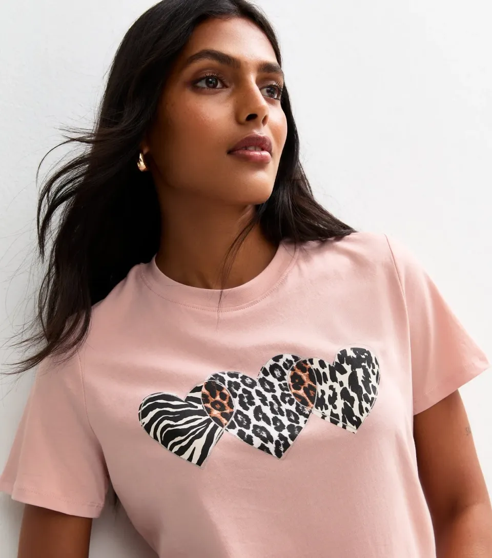 Women's Pale Pink Patterned Heart Print T-Shirt