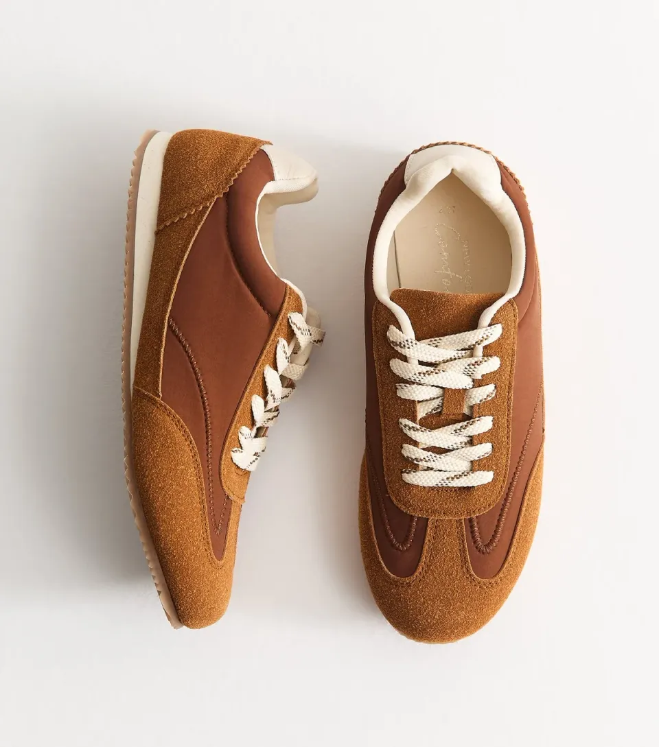 Women's Tan Faux Brushed Leather Panelled Jogger Trainers Vegan