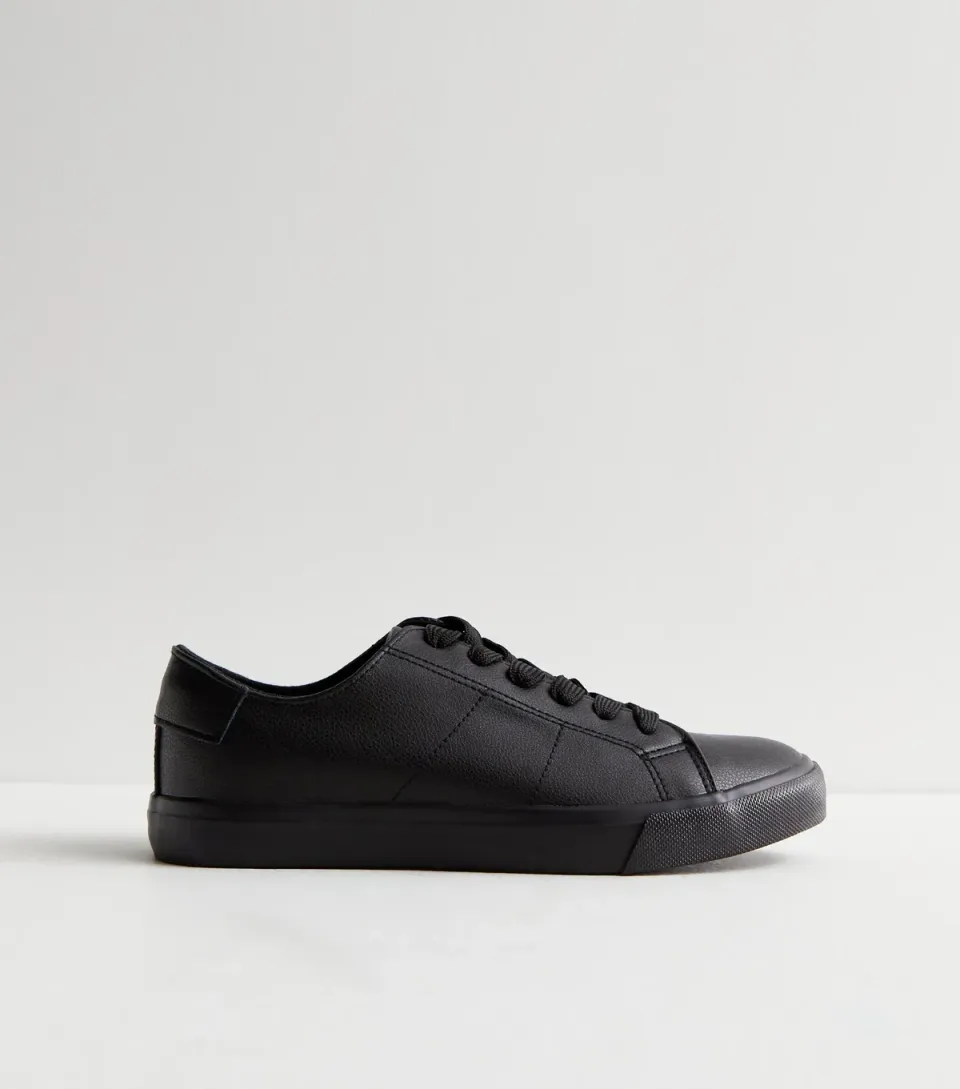 Women's Black Leather-Look Lace Up Trainers Vegan