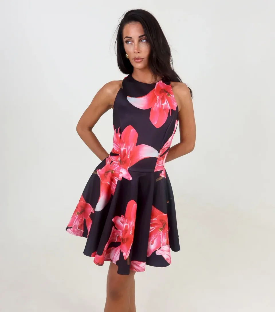 Women's Black Floral Skater Mini Dress