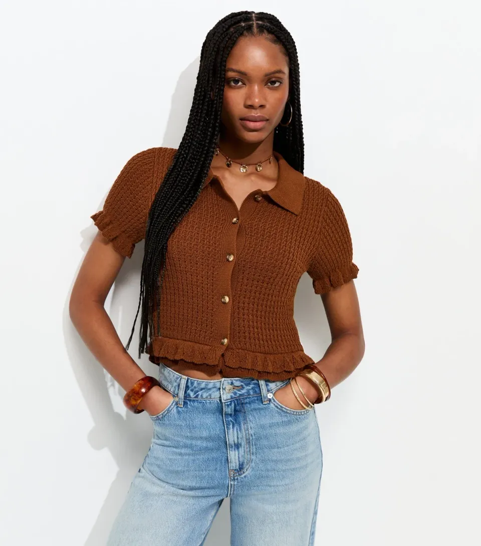 Women's Dark Brown Knitted Frill Trim Collared Top