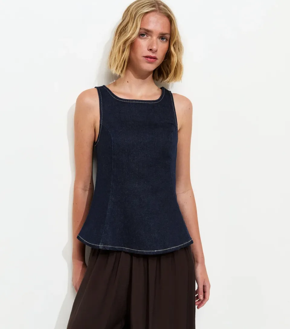 Women's Navy Denim Sleeveless Flared Top