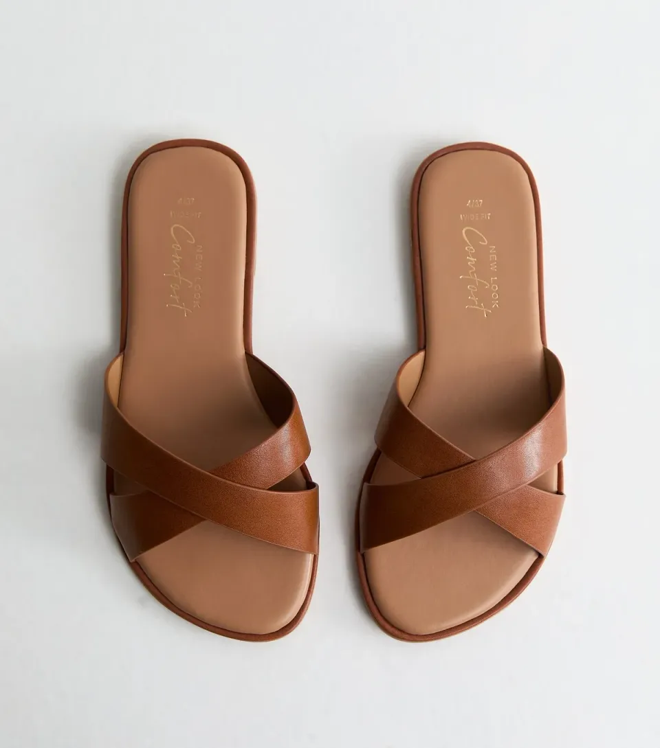 Women's Wide Fit Tan Faux Leather Crossover Mule Sandals Vegan