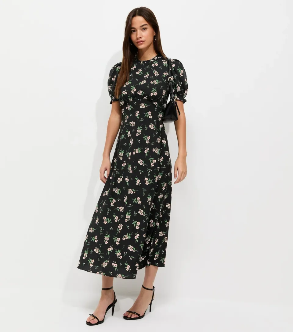 Women's Black Floral Puff Sleeve Midi Dress