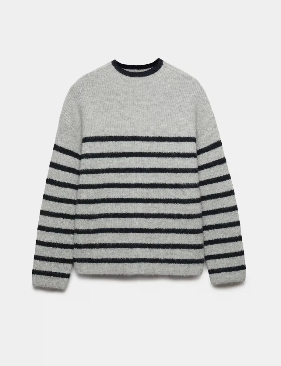 Striped Crew Neck Longline Jumper with Wool Grey Mix