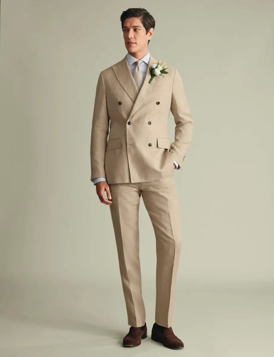 Slim Fit Pure Linen Double Breasted Suit Jacket Taupe