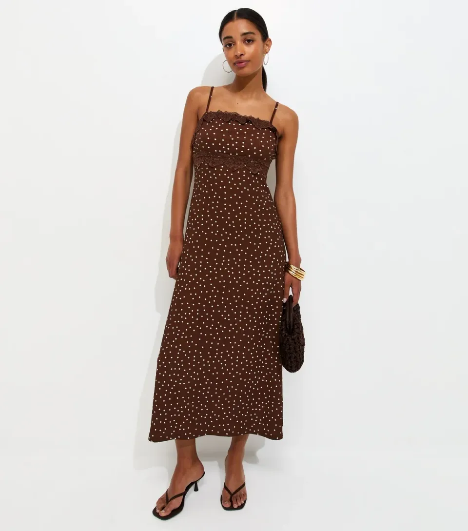 Women's Brown Crinkle Texture Polka Dot Lace Trim Strappy Midi Dress