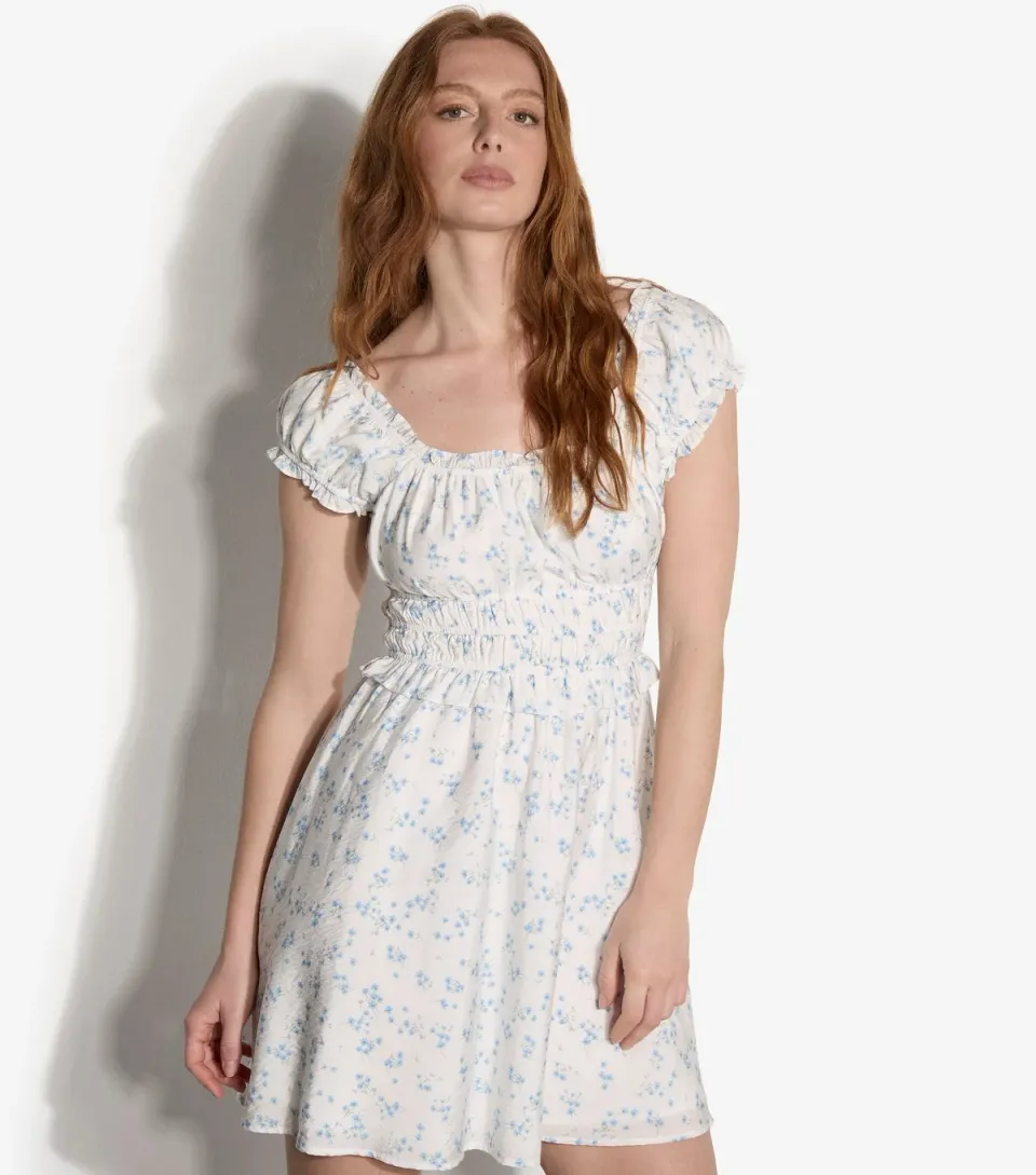 Women's Cream Floral Print Ruffle Trim Mini Dress