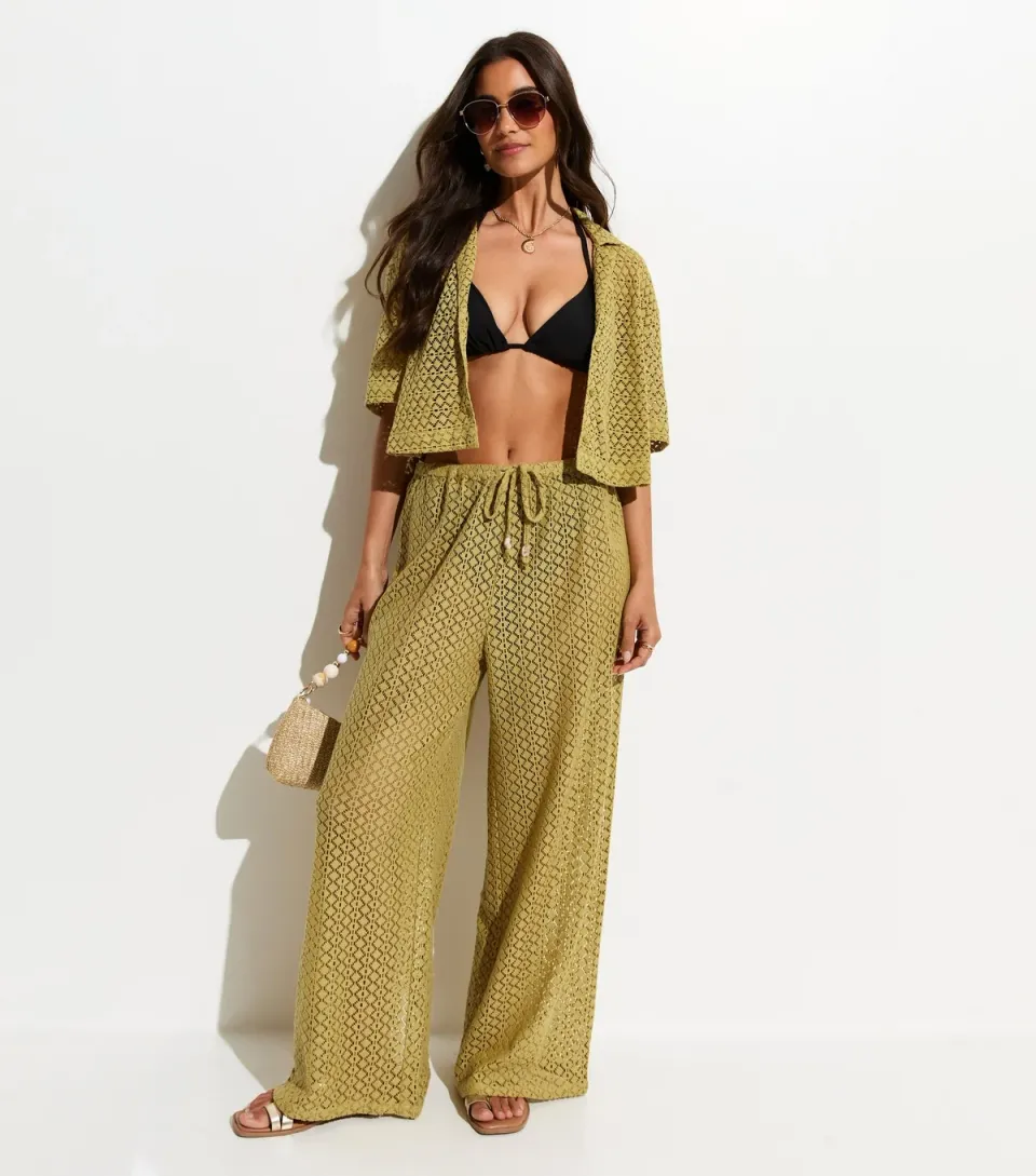 Women's Green Crochet Knit Wide Leg Trousers
