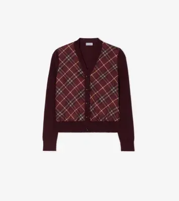 Check Panel Wool Silk Cardigan in Vineyard red
