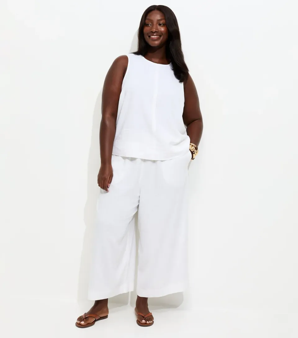 Women's Plus Size White Linen Blend Cropped Drawstring Trousers Curves